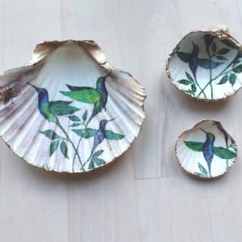 Set of 3 decoupaged scallop shells with a hummingbird design and gold trim